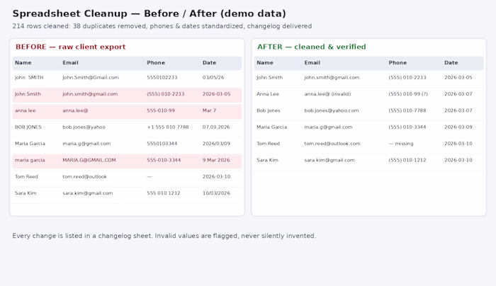 Spreadsheet Cleanup — Before/After (demo)