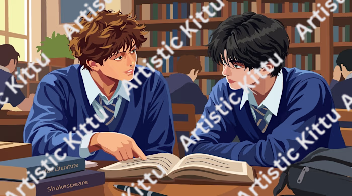 A fully illustrated library scene