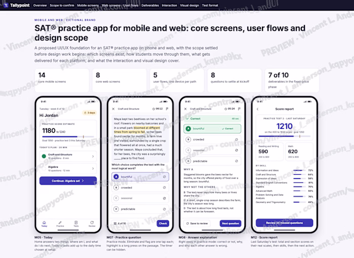 SAT® practice app: core screens, flows and design scope