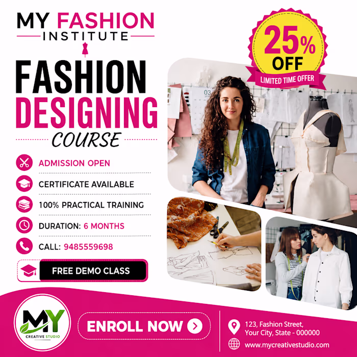 This is a promotional poster for "MY FASHION INSTITUTE" Fash...