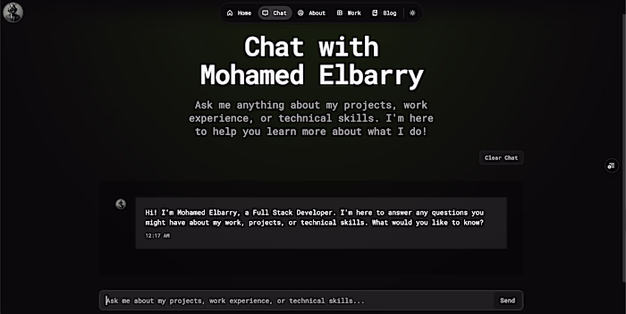 Chat with me (AI assistant) 🤖 My portfolio includes an AI v...