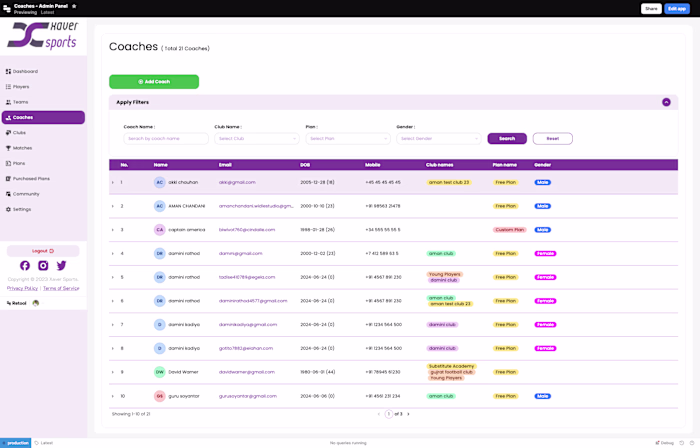 Xaver Sports SaaS Platform - Retool App