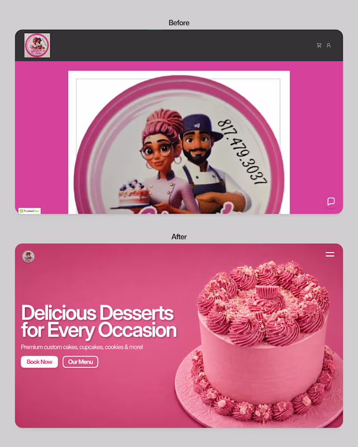 before/after of bakery website hero