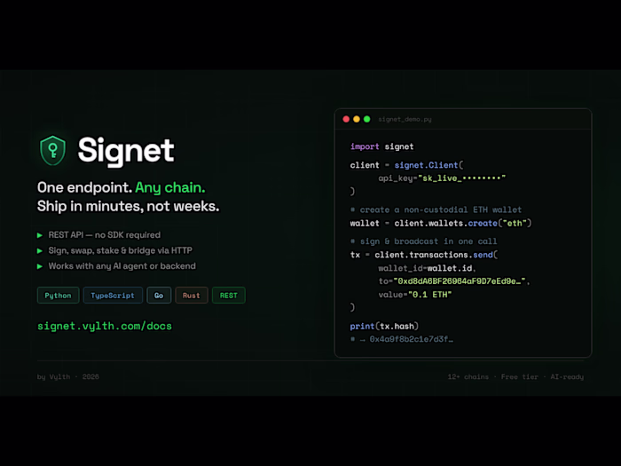 Signet — Non-Custodial Wallet-as-a-Service
One API