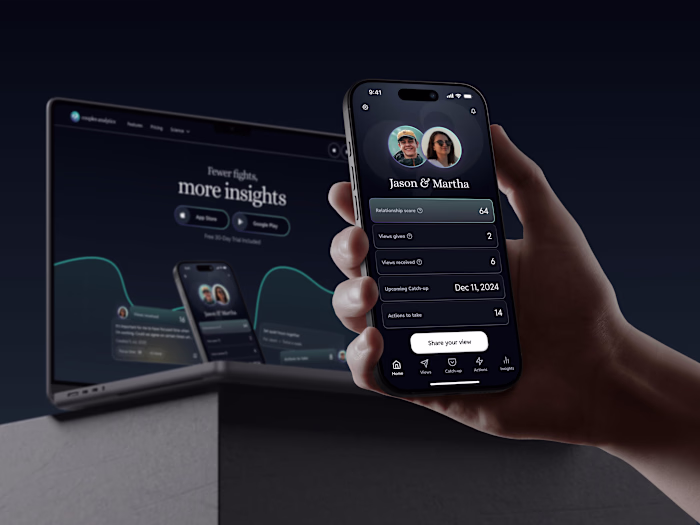 Design of Couples Analytics App and Website Webflow Development