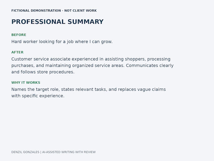 Professional Summary Rewrite — Fictional Demonstration
