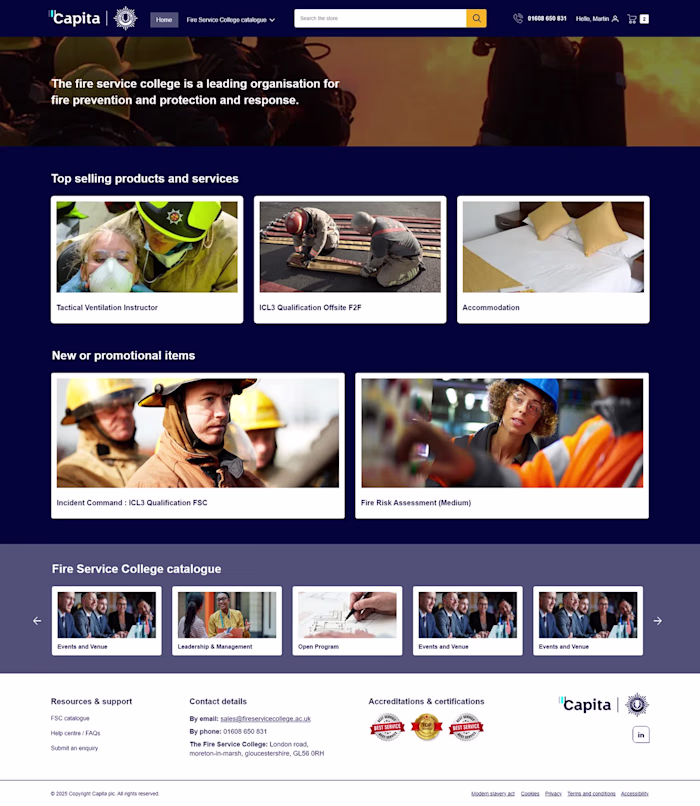 EOS B2B Commerce Platform - Fire Service College storefront homepage