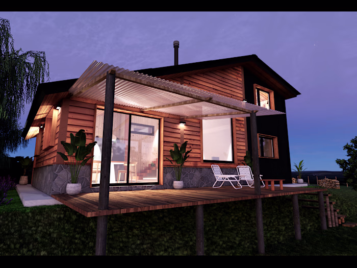 Mountain Wood & Metal Cabin — 3D Sketch & Rendering