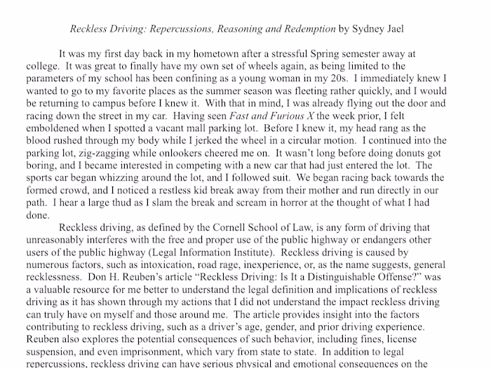 Reckless Driving: Repercussions, Reasoning and Redemption 