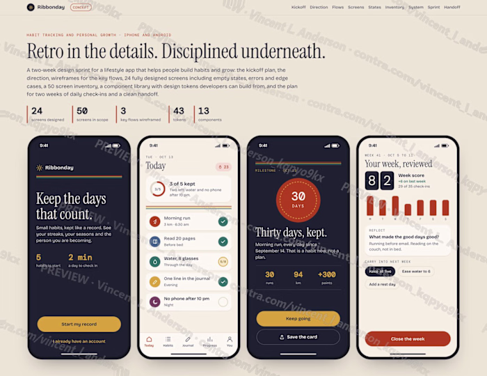 Retro habit app: kickoff, flows, 24 screens and system (demo)