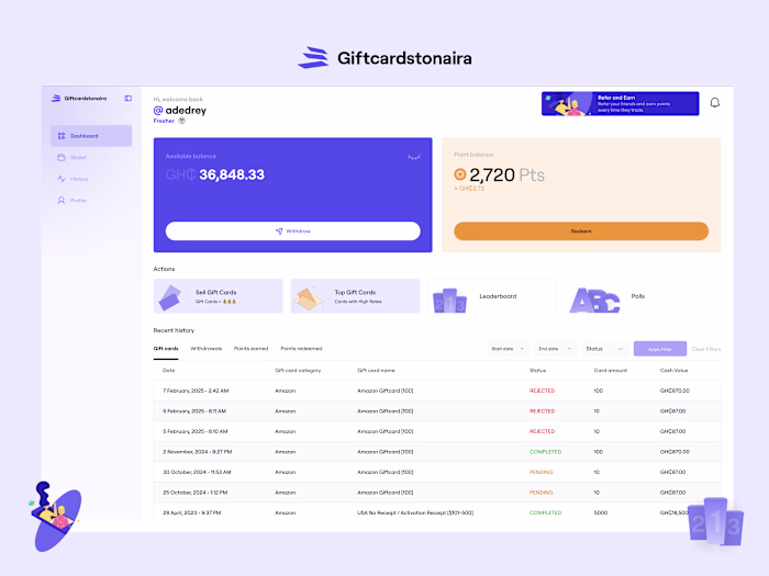 GiftCardsToNaira – Gift Card Exchange Dashboard (Next.js)
