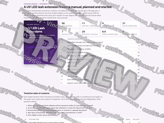 UV lash training manual plan and draft chapters
