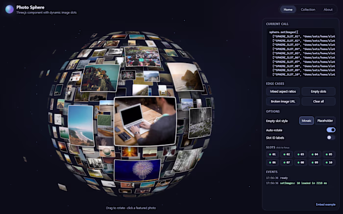Interactive 3D Photo Sphere — Three.js Component
