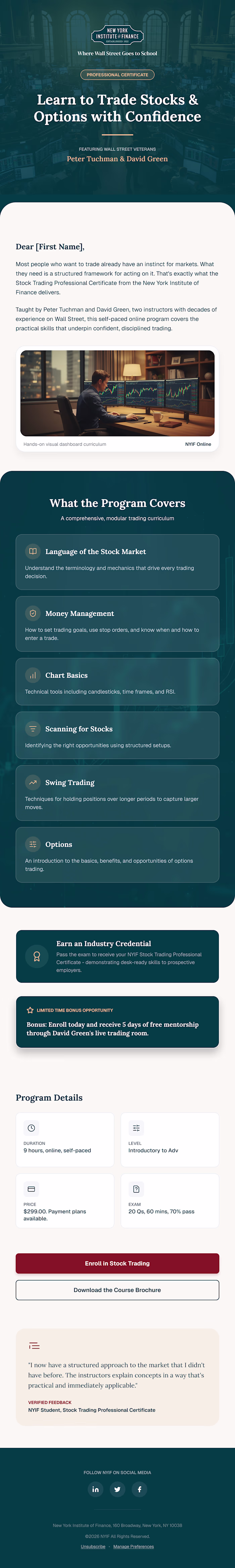 Email Campaign Design for NYIF Stock Trading Certificate