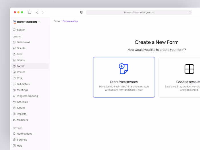 Form Create UI – Construction Management SaaS Web App