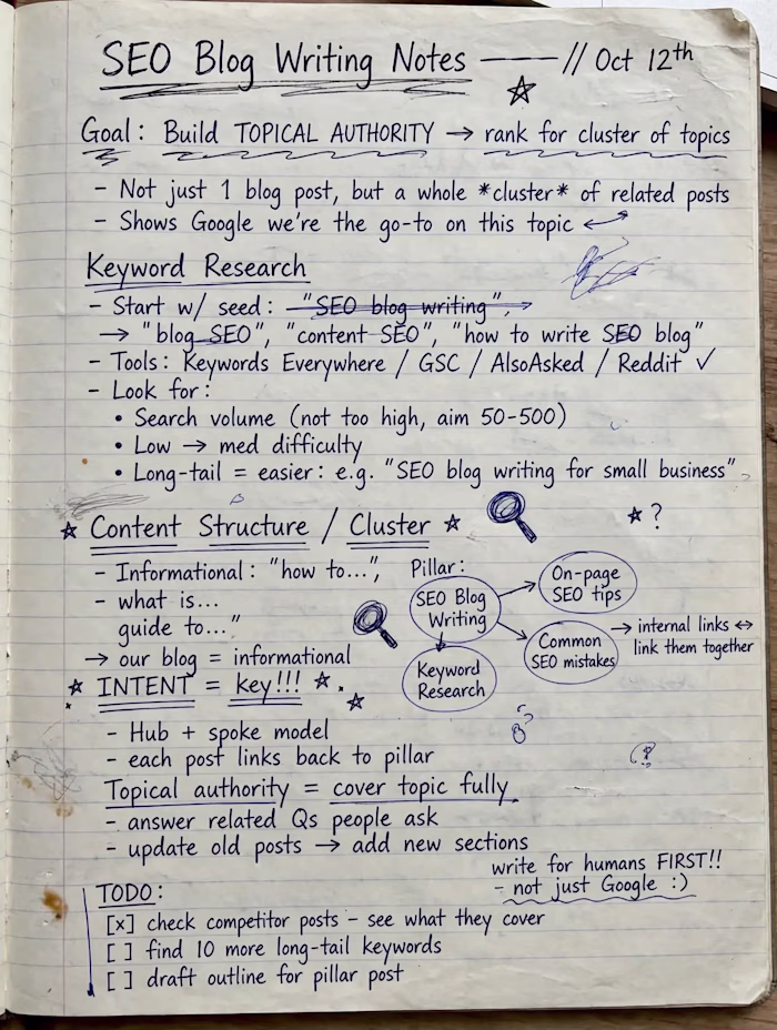 SEO Blog Writing Notes - My Handwritten Process