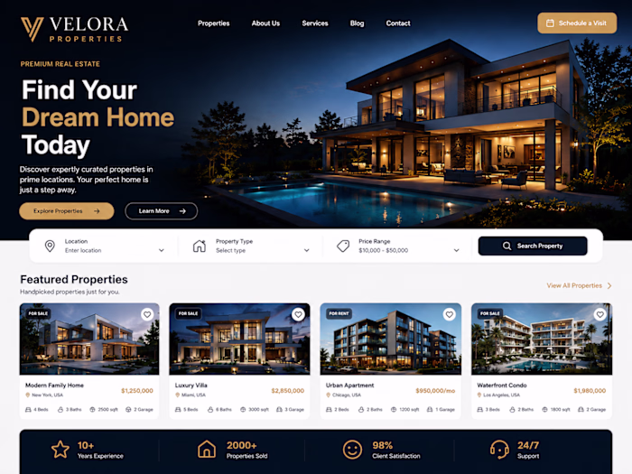 Velora Properties – Premium Real Estate Landing Page