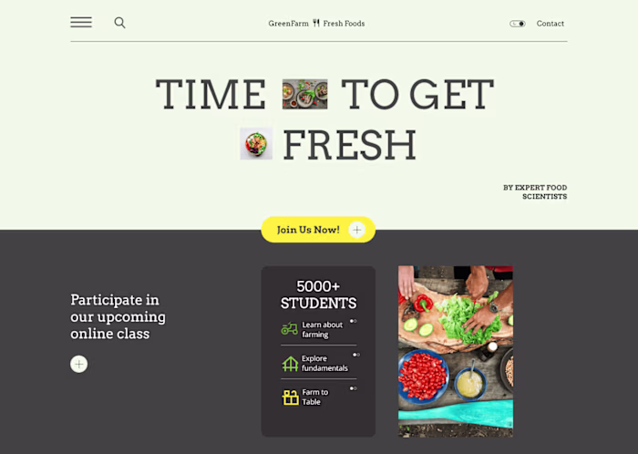 Landing page design for food company