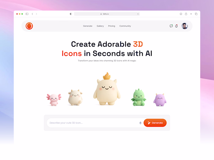 AI cute 3D Icon Generator landing page header UI/UX Design