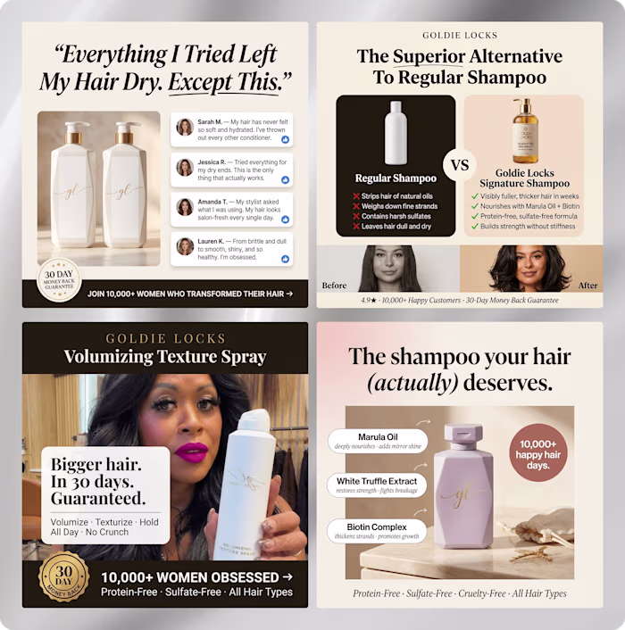 Statics ad creatives for a Hair brand