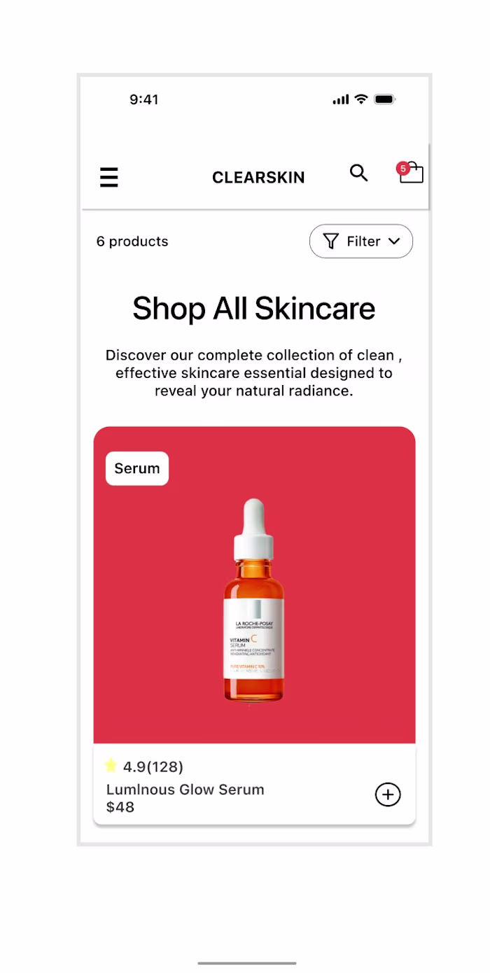 E-commerce skincare website, mobile view.