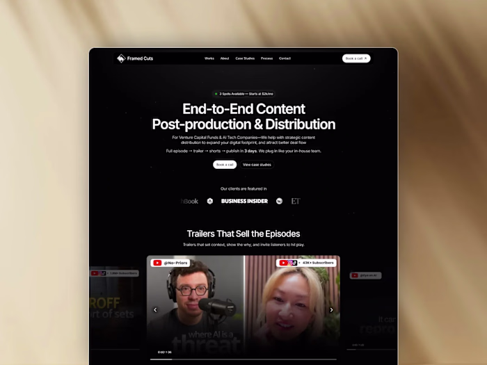 Framed Cuts | Framer Landing Page for Post-Production Agency