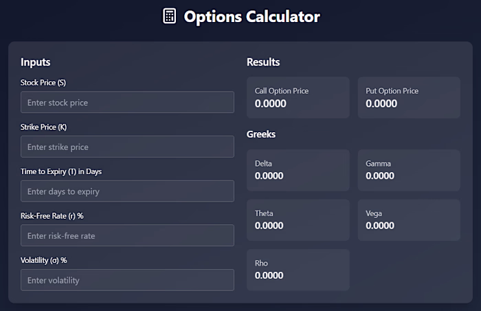 Easy to use Options Calculator - Traders / Finance Professionals