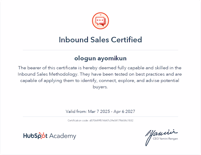 Inbound sales cartificate