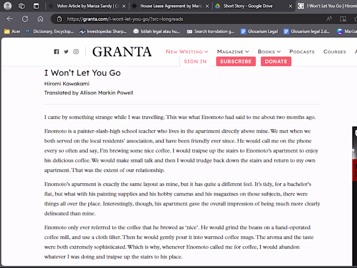Short Story: I Won't Let you go by Hiromi Kawakami