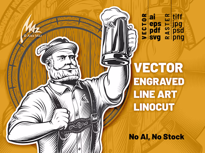 Samples of Vector engraved line art illustration in linocut