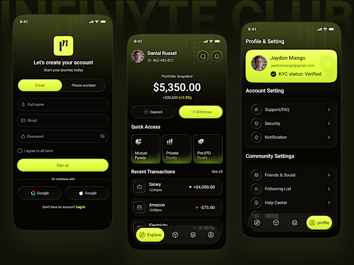 Here is my Infinyte Club — Investment & Finance App UI Redes...