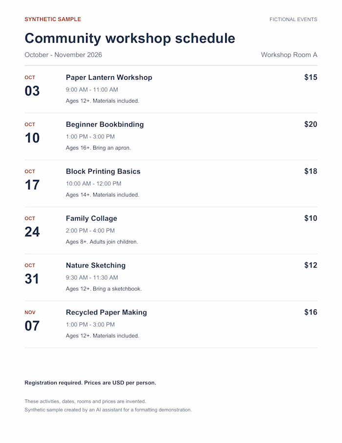 Synthetic Workshop Schedule PDF
AI-created demonstration,