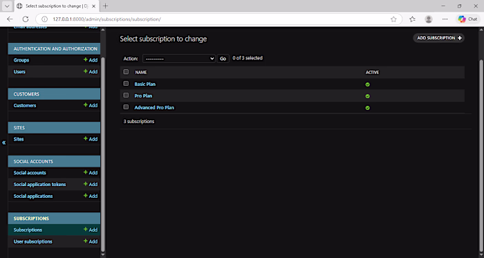 Admin panel page