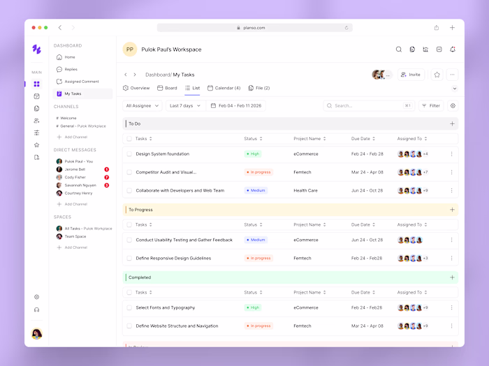 Planso – Task List View UI/UX | Project Management SaaS