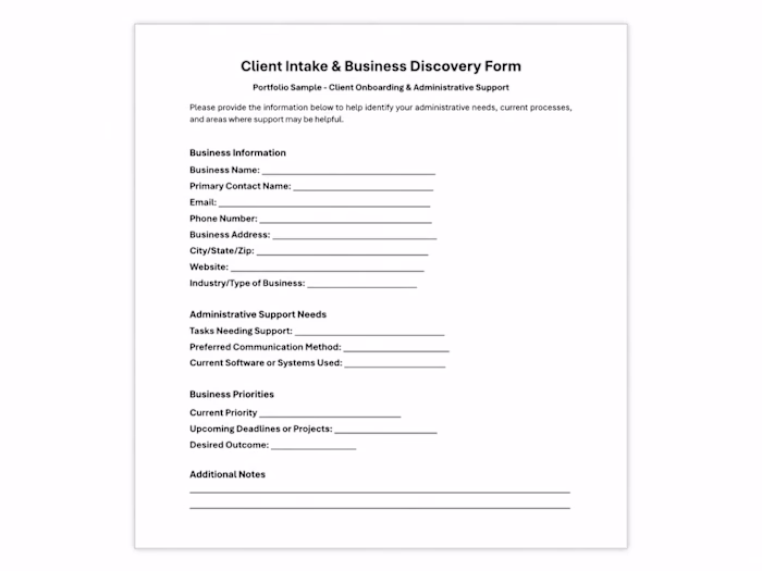 Portfolio sample demonstrating client onboarding