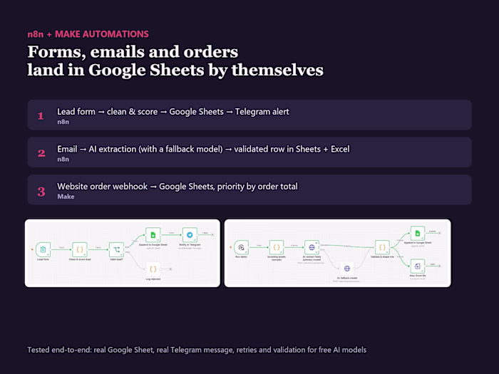 n8n and Make: forms, emails and orders into Google Sheets