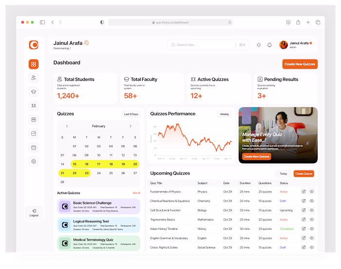 Education Platform Online Quiz Admin Dashboard
