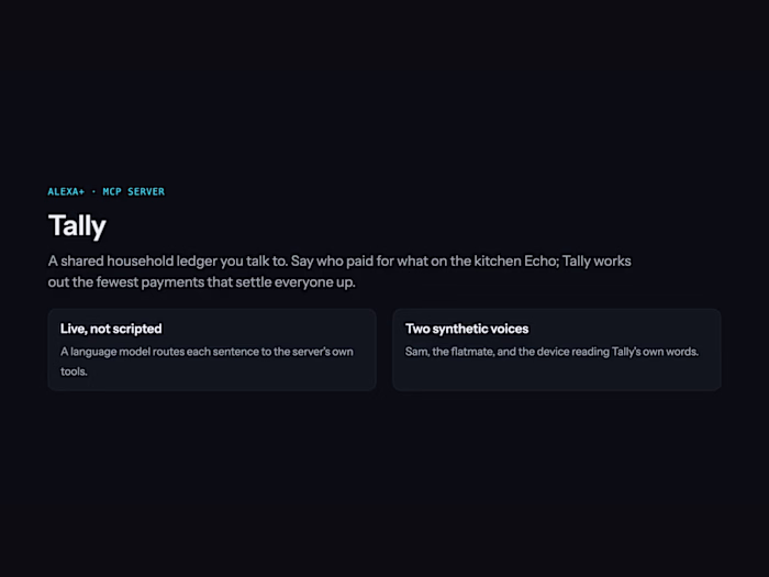 Tally: a household ledger you talk to, on Alexa+ and MCP