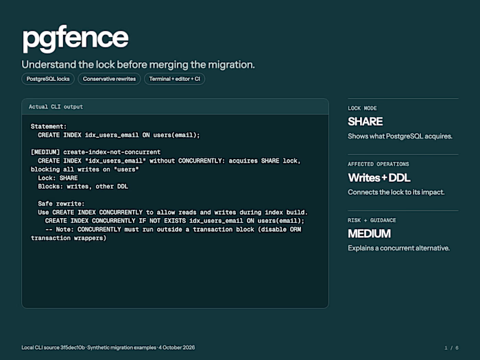 pgfence | PostgreSQL Migration Analysis & Developer Tooling
