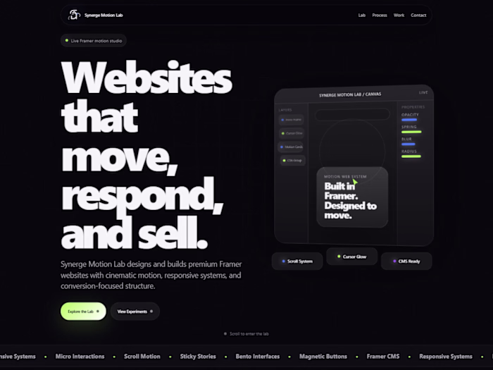 Synerge Motion Lab — Framer Animation Showcase