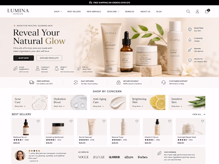 Redesigned a Shopify skincare store