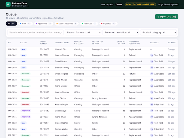Returns Desk — Form → Queue → CSV Export (demo, sample data)
