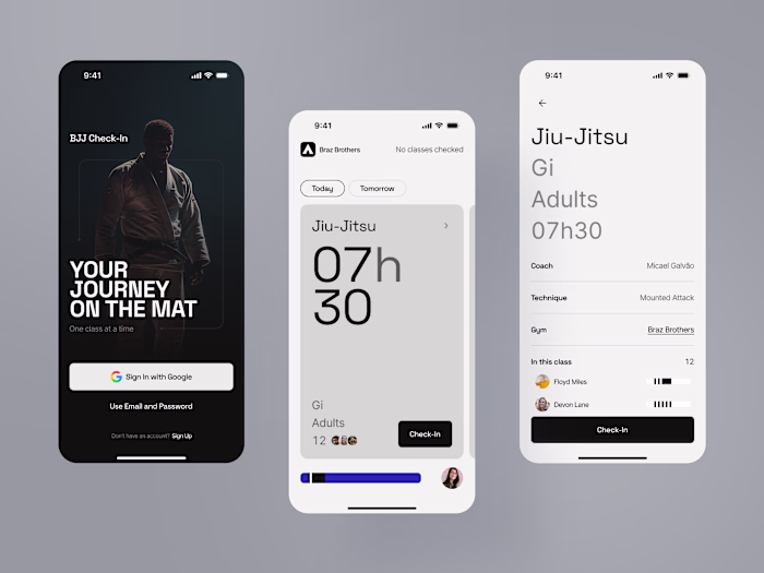 Jiu-jitsu classes checkin app: