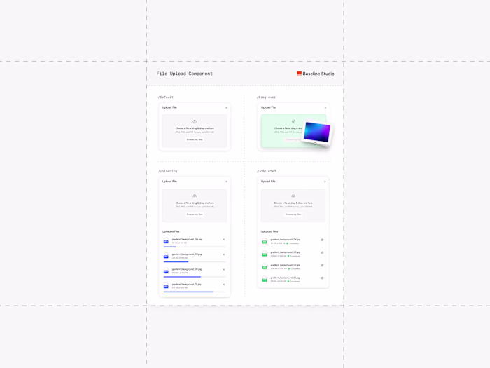 File upload component, documented by state. default → drag-o...
