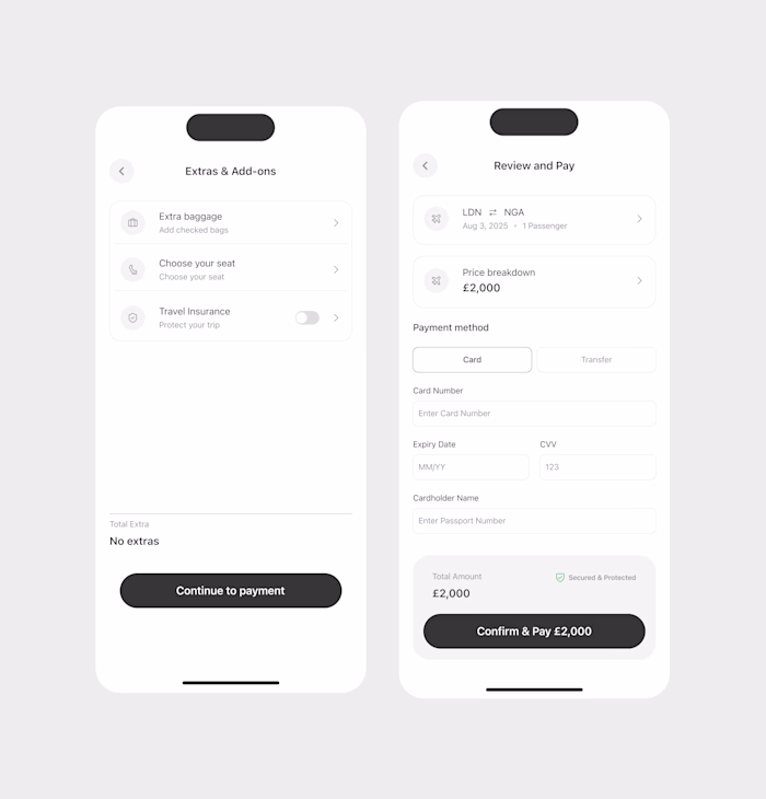 Search result + flight info screens for a flight booking app