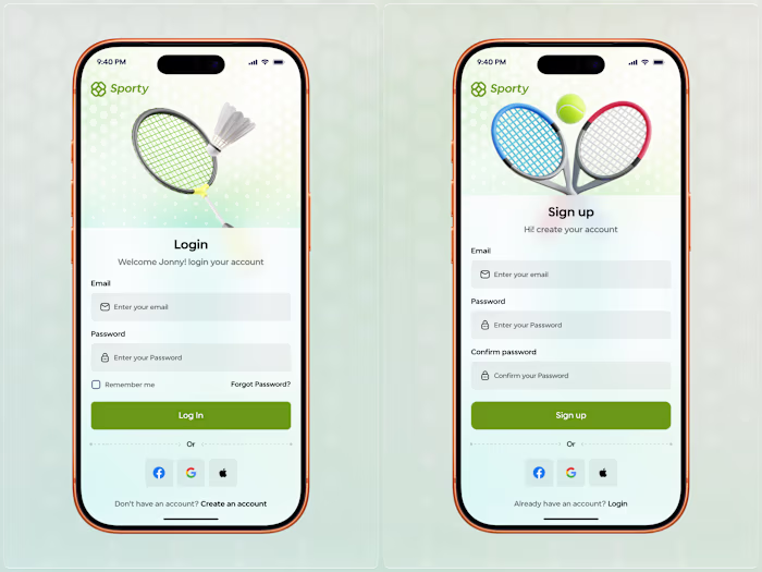 Login & Sign-Up Screen UI – Tennis & Badminton Court Booking...