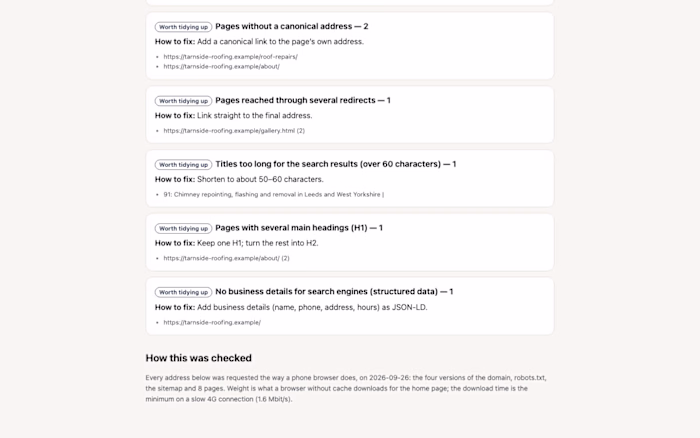 SEO check of a website, with a report you can act on