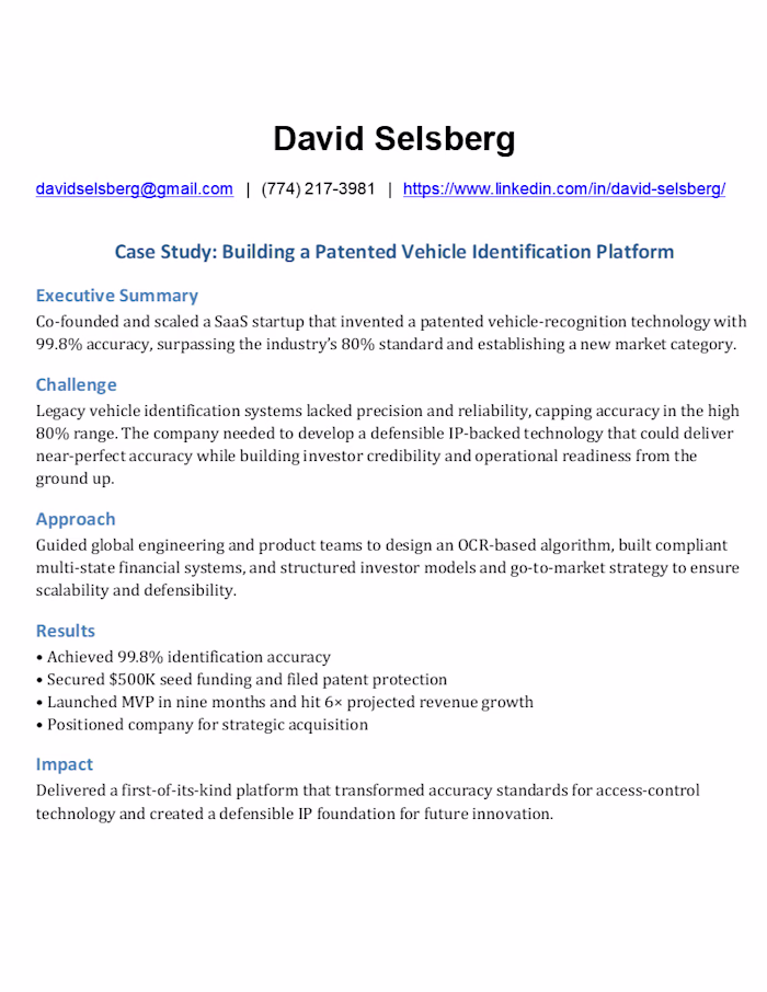 Patented Vehicle Identification Platform