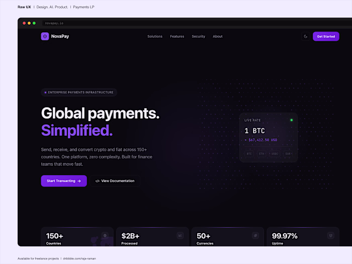NovaPay · Crypto Payments Platform | Dark UI