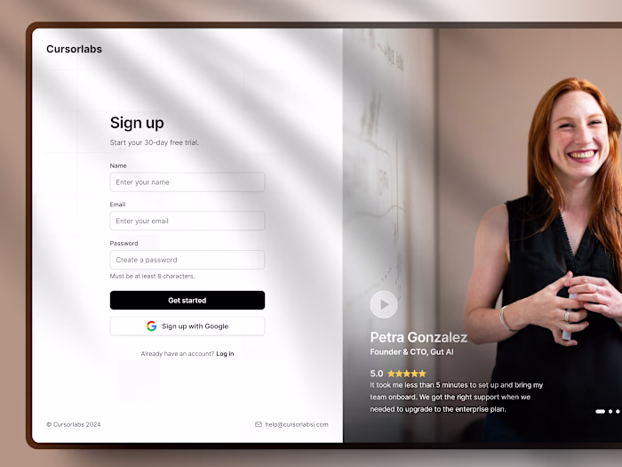 A sign up & login page (with testimonials) for Cursorlabs Co.